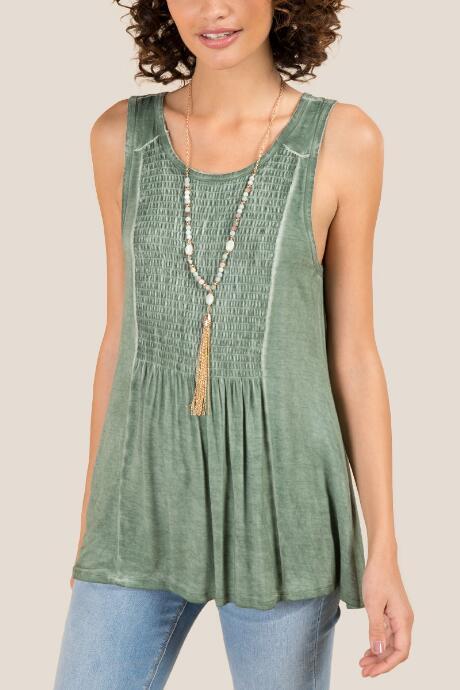 Francesca Inchess Brady Smocked Mineral Wash Sleeveless Tank - Dark Olive