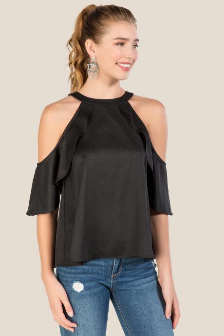 Francesca's Devon Ruffle Open Back Blouse - Black