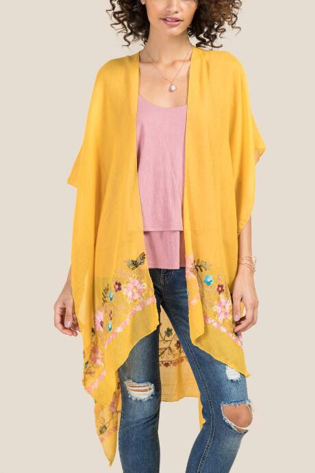 Francesca's Jane Marigold Embroidered Ruana - Yellow