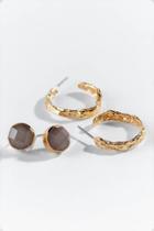 Francesca's Agatha Textured Hoop And Stone Stud Set - Gray