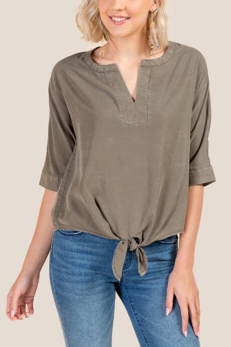 Francesca's Carissa Tie Front Tencel Top - Dark Olive