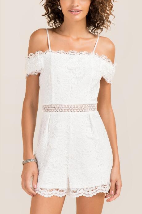 Francesca's Noelle Off The Shoulder Crochet Lace Romper - White