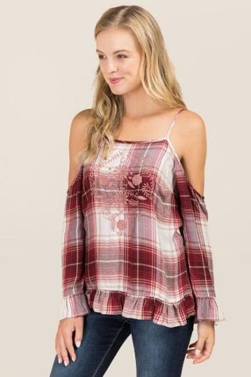 Jainsons International, Inc. Sydney Cold Shoulder Embroidery Plaid Spaghetti Top - Wine
