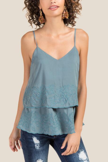 Francesca Inchess Sunni Double Layer Floral Embroidered Tank - Teal