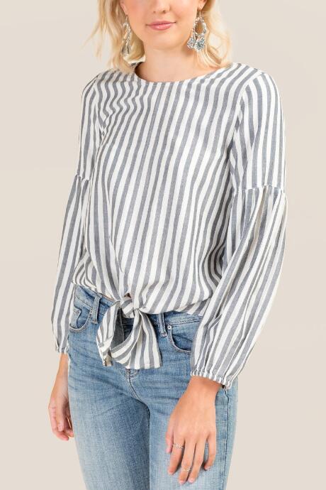 Francesca's Liza Front Tie Striped Blouse - White