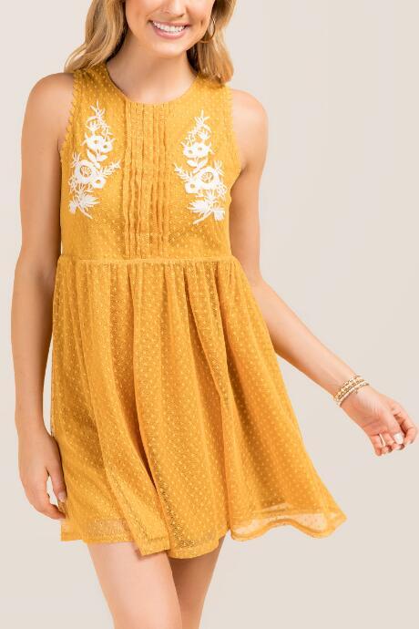 Francesca Inchess Denise Floral Embroidered Babydoll Shift Dress - Marigold