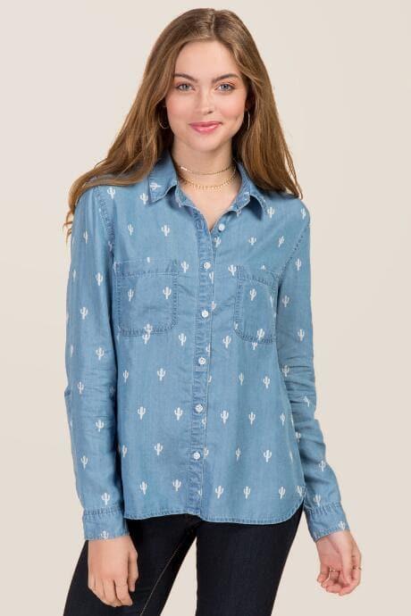 Group La Sophia Split Back Cactus Button Down Top - Chambray