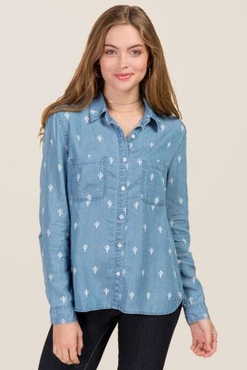 Group La Sophia Split Back Cactus Button Down Top - Chambray