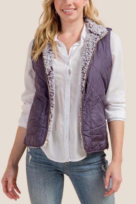 Francesca's Kylie Reversible Puffer Cozy Vest - Purple