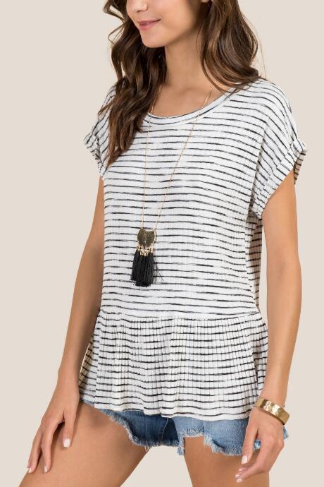 Francesca Inchess Everest Peplum Rib Stripe Tee - Ivory