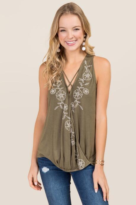 Alya Arlette Floral Embroidered Surplus Tank - Olive