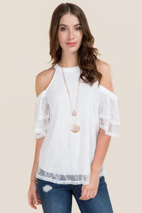 Blue Rain Freya Lace Double Ruffle Cold Shoulder Top - White