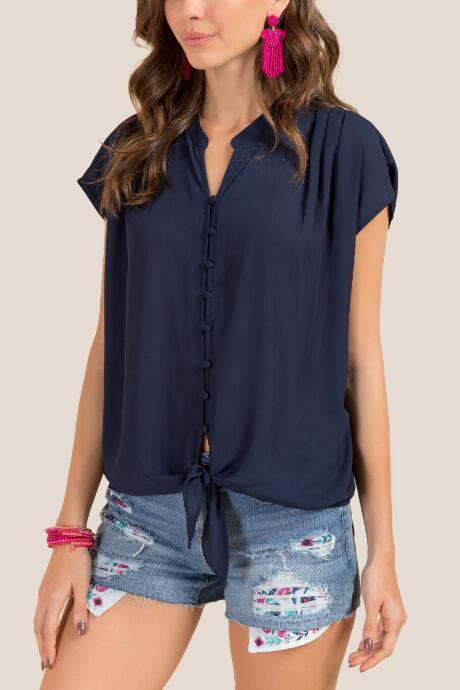 Francesca Inchess Elia Front Knot Button Down Blouse - Navy