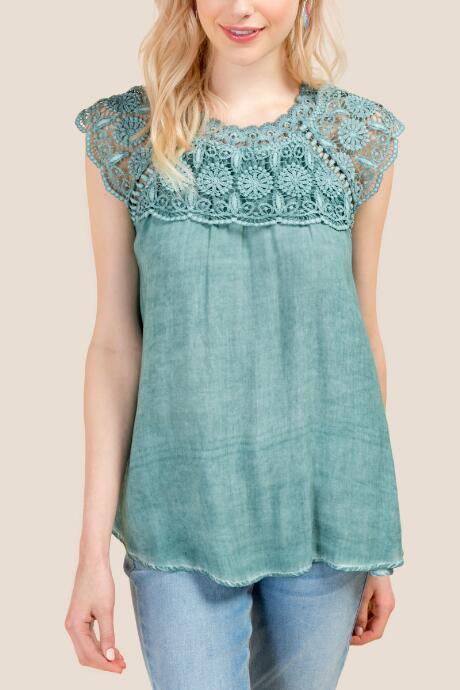 Francesca Inchess Vanessa Crochet Mineral Wash Sleeveless Top - Teal