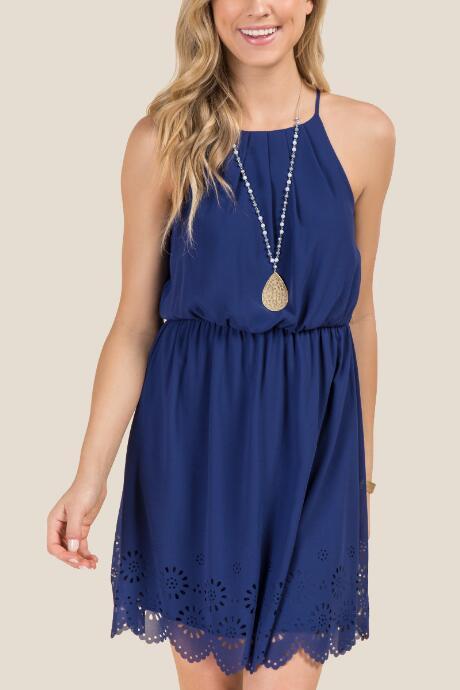 Francesca Inchess Maite Laser Cut Hem A-line Dress - Navy