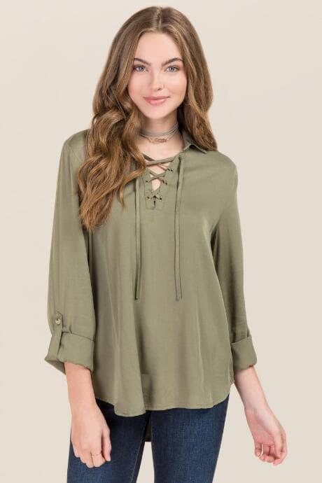 Group La Millie Lattice Long Sleeve Collar Top - Dark Olive