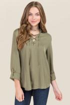 Group La Millie Lattice Long Sleeve Collar Top - Dark Olive