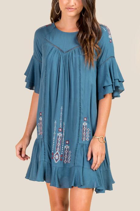 Francesca's Kimbrey Embroidered Shift Dress - Dark Teal