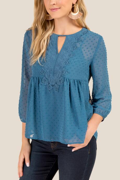 Francesca's Regina Crochet Swiss Dot Blouse - Dark Teal