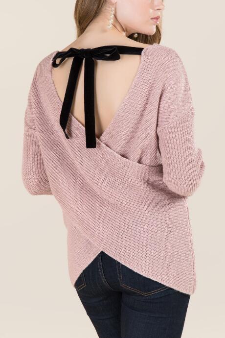 Blue Rain Emely Wrap Velvet Tie Back Pullover Sweater - Mauve