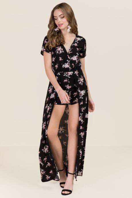 Francesca's Anika Floral Maxi Romper - Black