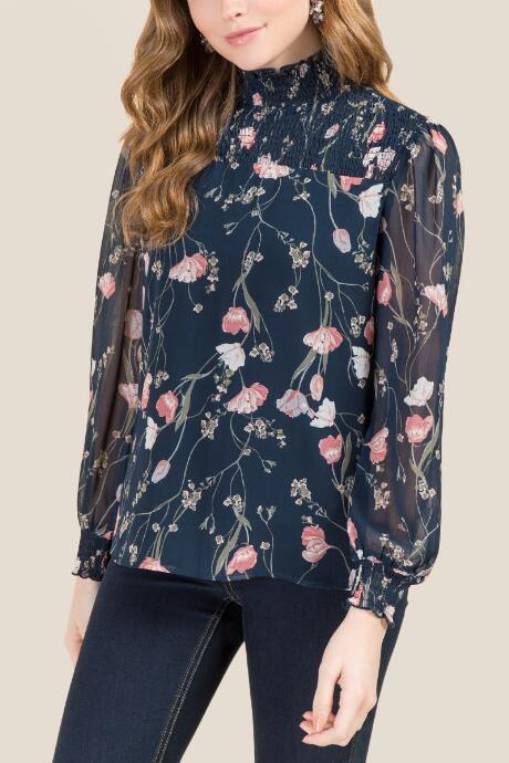 Francesca's Sage Smock Floral High Neck Blouse - Peacock