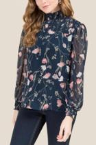Francesca's Sage Smock Floral High Neck Blouse - Peacock