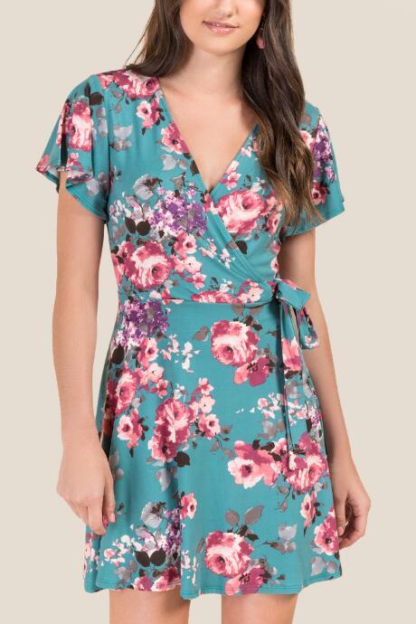 Francesca's Sandi Floral Knit Wrap Dress - Teal