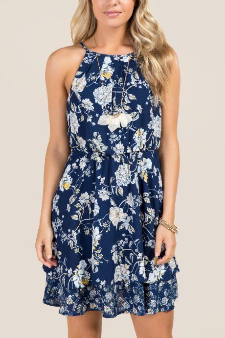 Francesca's Betsy Gather Floral Twin Print A-line Dress - Navy