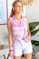 Francesca's Lesley Tie-dye Button Down Top - Magenta