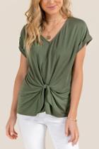 Francesca's Ellie Knot Front Cuff Sleeve Cupro Top - Olive