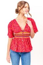 Francesca's Gayle Floral Embroidered Blouse - Bright Red