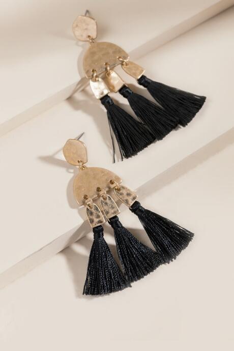 Francesca's Natalie Tasseled Metal Drop Earrings In Black - Black