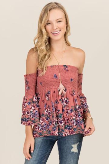 Mark Edwards Apparel Chloe Floral Smocked Off The Shoulder Top - Rose