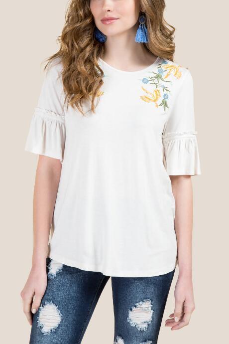 Francesca's Jocelyn Flounce Sleeve Embroidered Top - Ivory