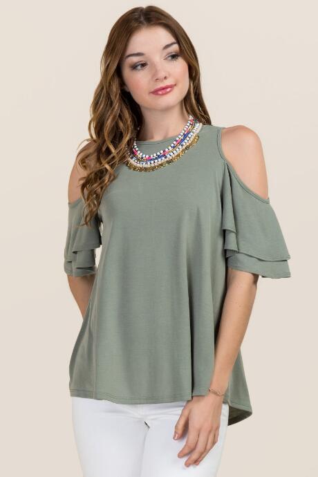 Alya Dee Cold Shoulder Ruffle Sleeve Cupro Top - Olive