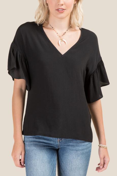 Francesca's Gloria Ruffle Sheared V-neck Blouse - Black