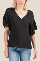 Francesca's Gloria Ruffle Sheared V-neck Blouse - Black