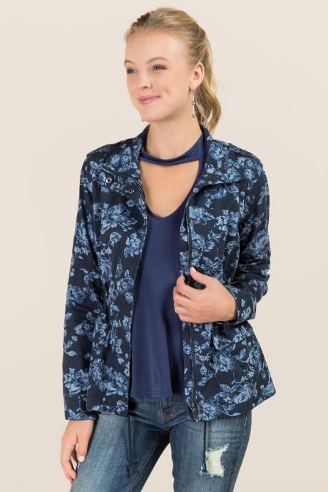 Francesca's Aerin Floral Twill Anorak - Navy