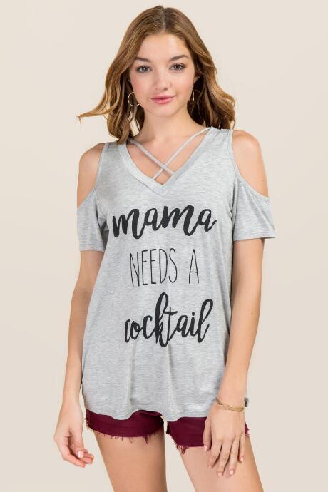 Alya Mama Needs A Cocktail Cold Shoulder Graphic Tee - Heather Gray
