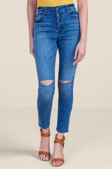 The Group La, Inc. Harper High Waisted Button Skinny Jeans - Medium Wash