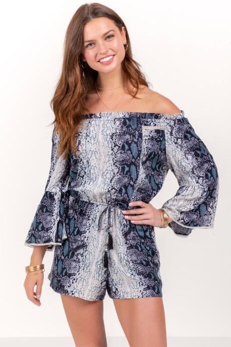 Star Of India Fashions Emilia Off The Shoulder Snake Romper - Black