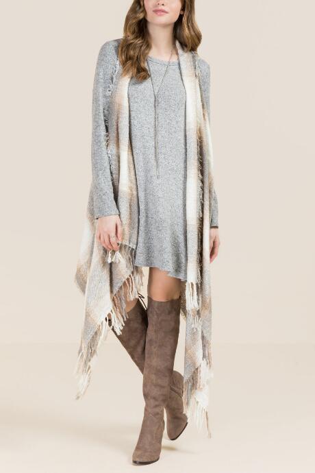 Francesca's Melba Plaid Ruana Vest - Ivory