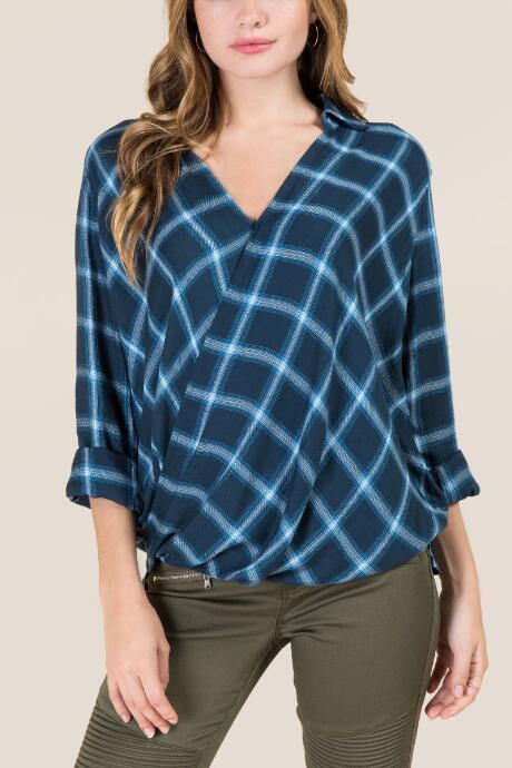 Jainsons/mc Kelsea Plaid Surplus Wrap Collar Top - Peacock