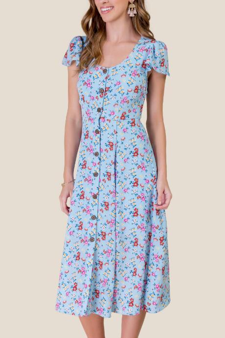 Francesca's Alexis Floral Midi Dress - Baby Blue