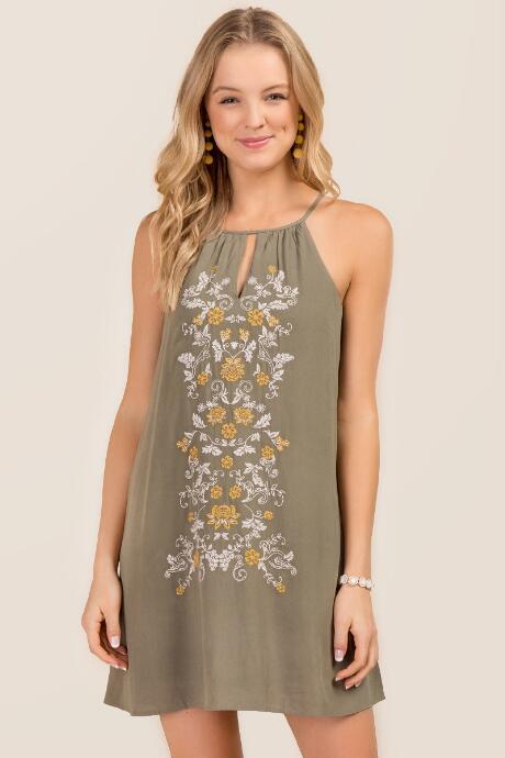 Blue Rain Celeste Embroidered Shift Dress - Dark Olive