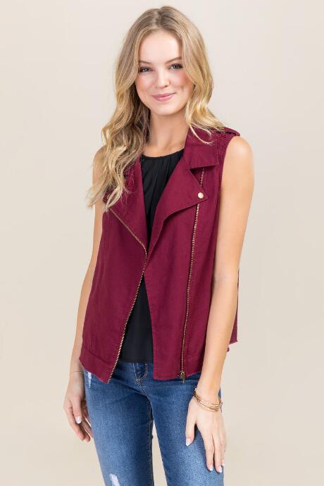 Mi Ami Michellynn Embroidered Moto Vest - Wine