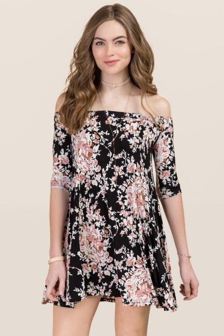 Francesca's Orly Floral Shift Dress - Black
