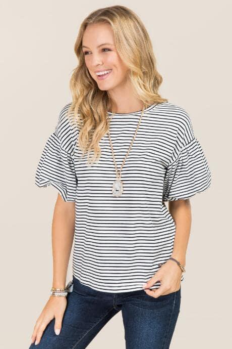 Lumiere Claressa Puff Tulip Sleeve Stripe Tee - Black/white