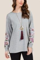 Francesca's Amelia Embroidered Sleeve Sweatshirt - Heather Gray